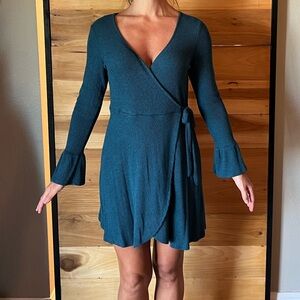 Teal long sleeve cotton wrap dress